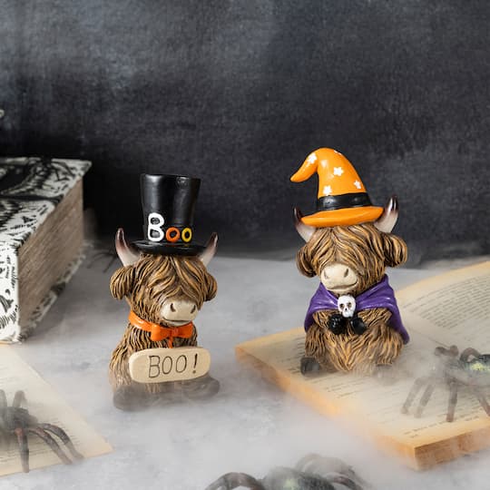 Glitzhome® 4.75" Halloween Resin Highland Cow Table Decor, Set of 2